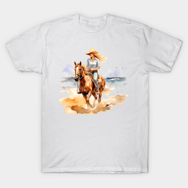 Horseback Beach Riding Watercolor T-Shirt by BisonPrintsCo